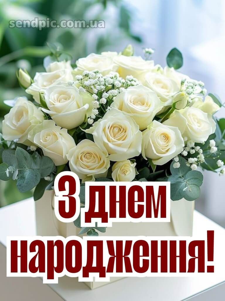Вітальні листівки привітання з днем народження білі троянди 23